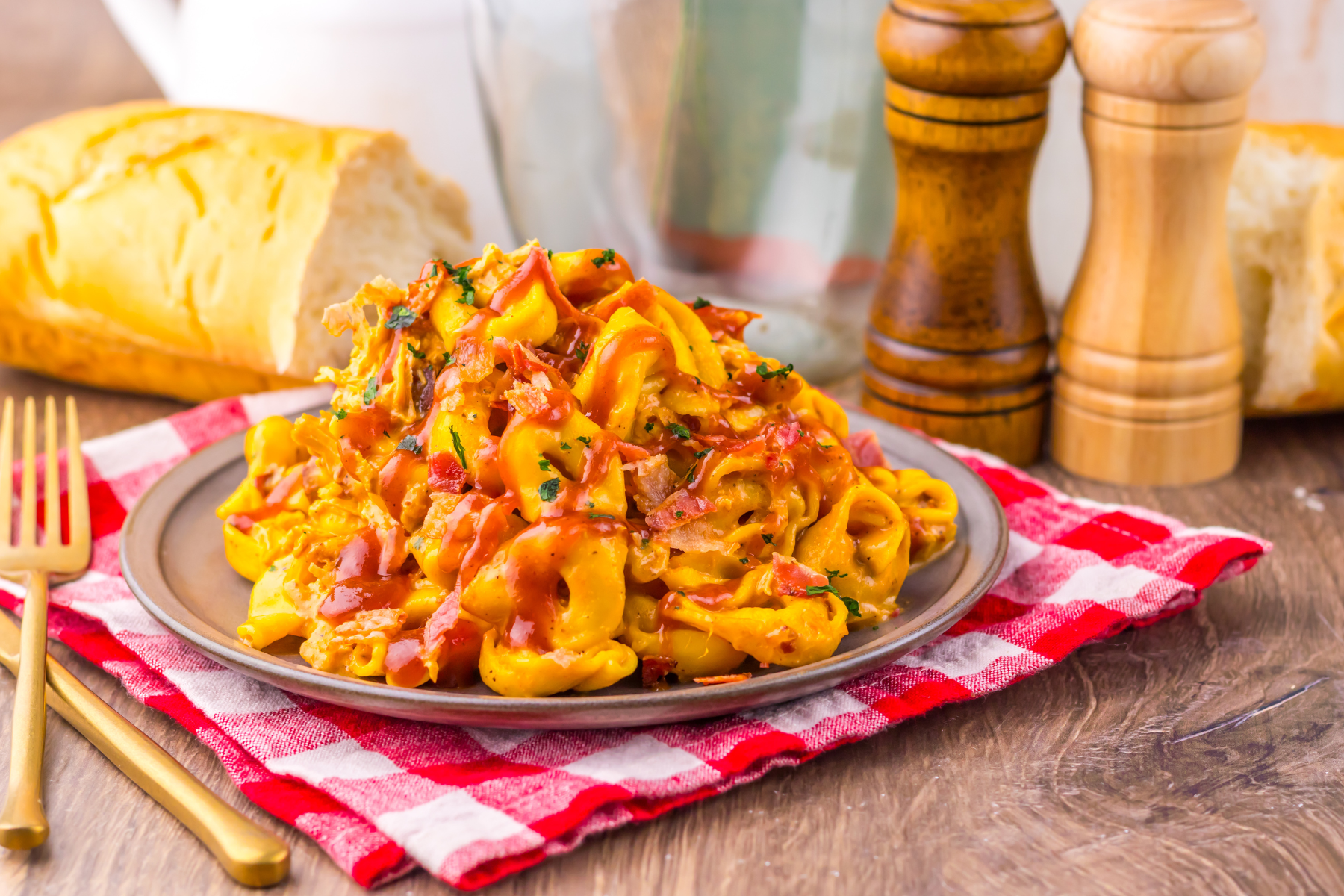 Cheesy Crockpot Chicken Tortellini with BBQ Sauce and Crispy Bacon